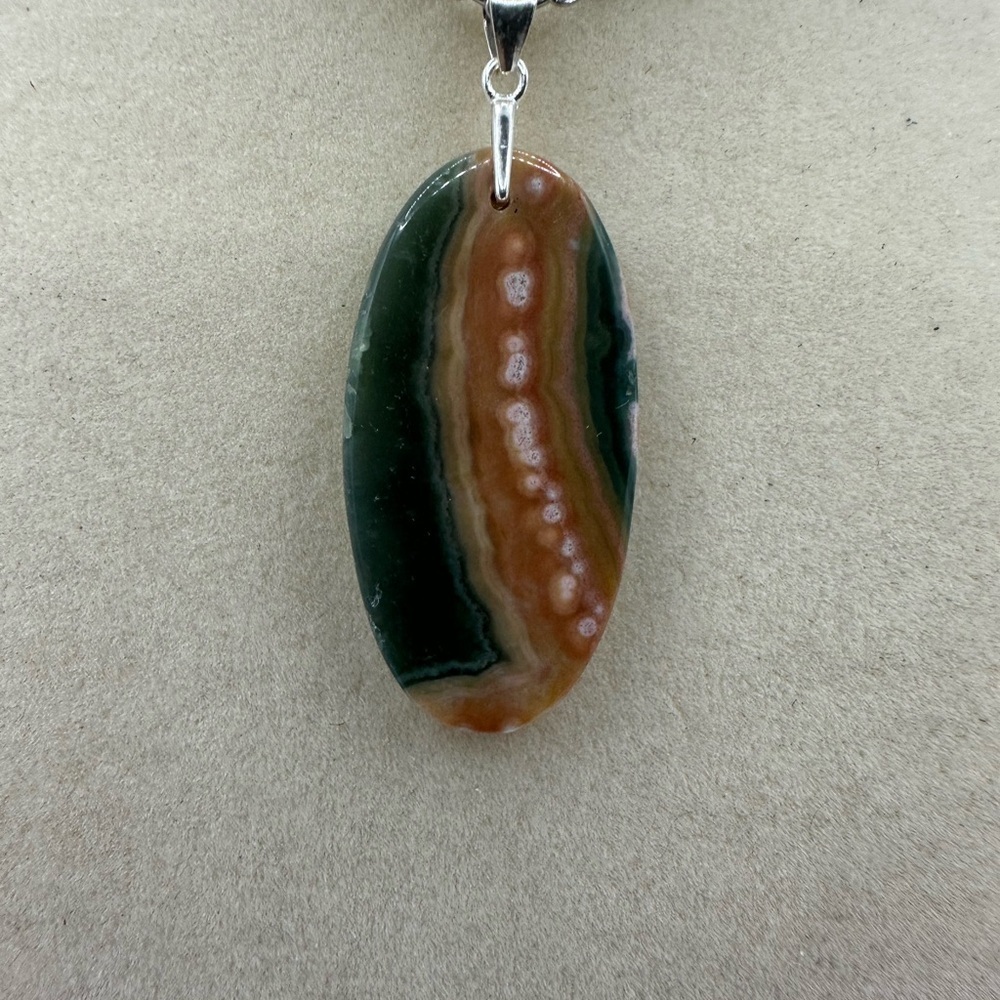 Ocean Jasper Pendant Necklace on Sterling Silver Bail & Stainless Steel Chain - Picture 2 of 8